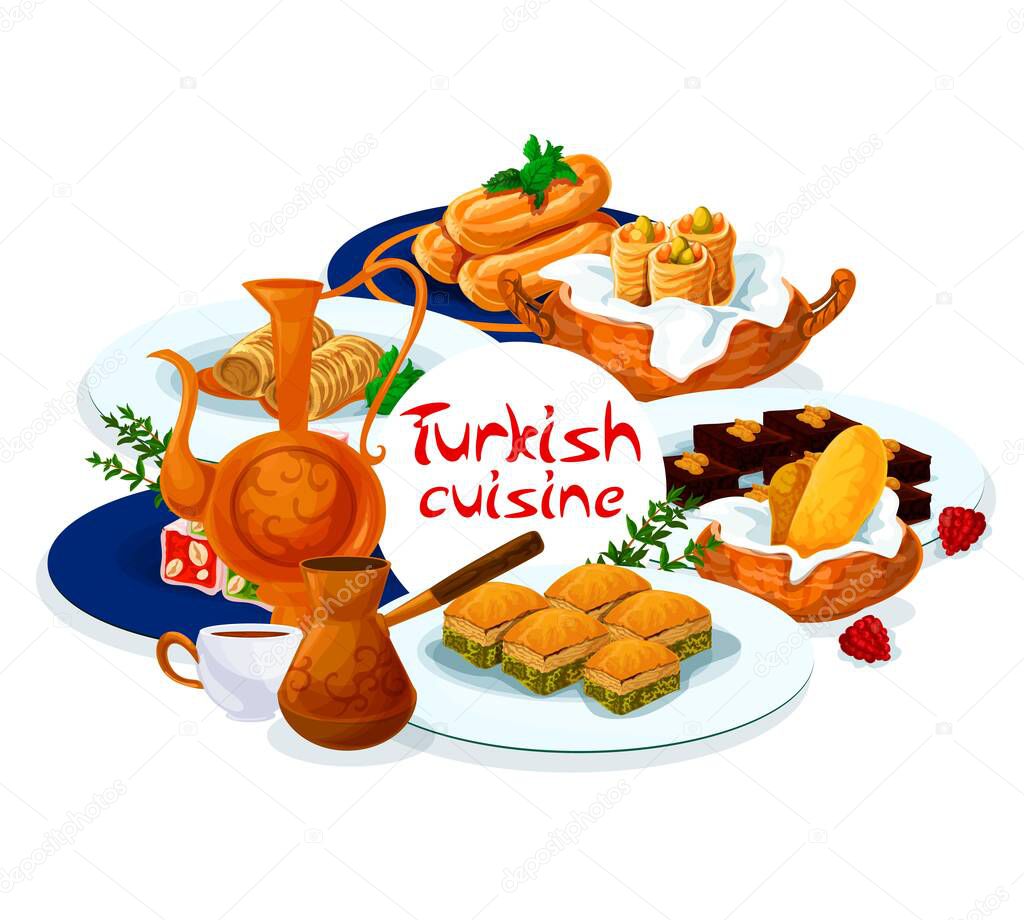 Turkish cuisine food menu, baklava and delight lokum, Turkey eastern desserts and sweet pastry. Turkish tea, coffee and confectionery menu, pistachio baklava, borek cigara and tavuk gogsu pudding