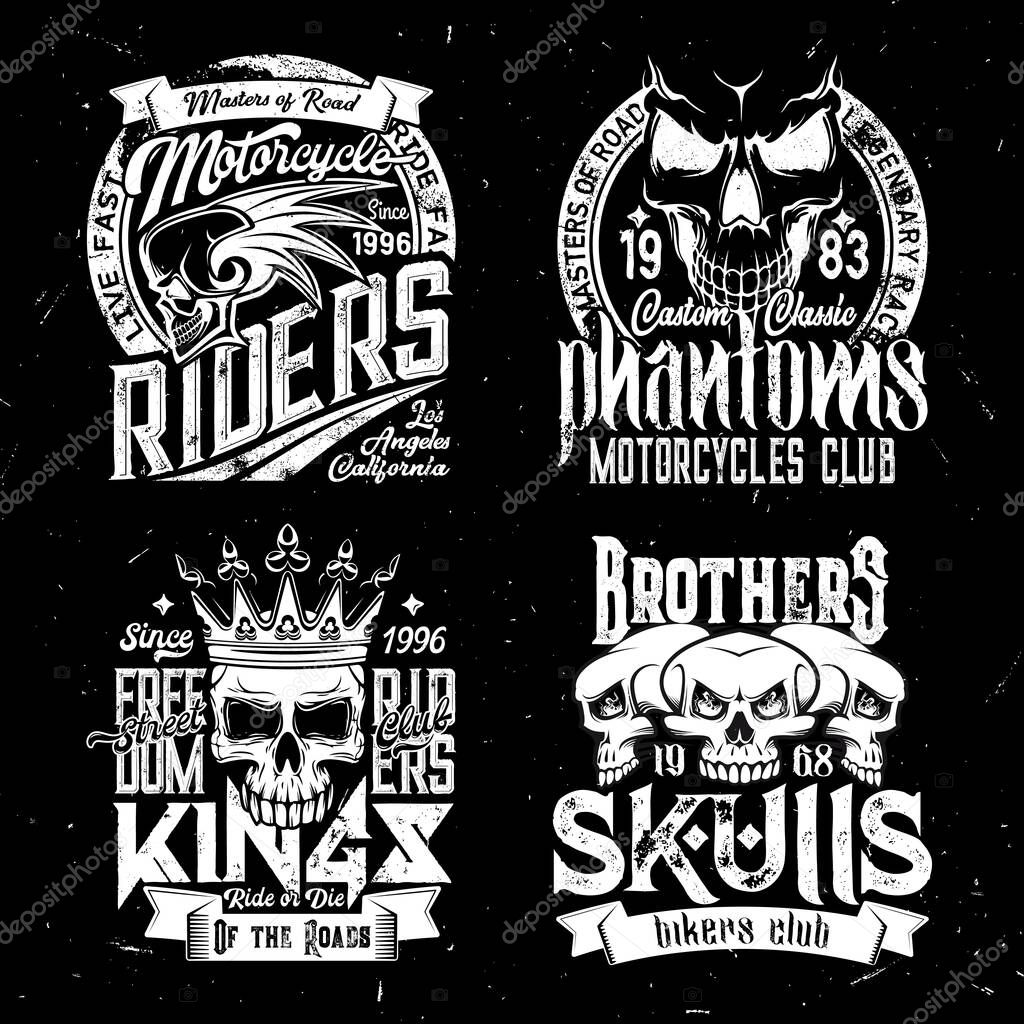 Skull t-shirt print mockup, racing sport club, motorcycle biker club signs. Custom chopper motorcycle rider quotes, Phantom Brothers and Street Freedom biker club badges with skull in crown