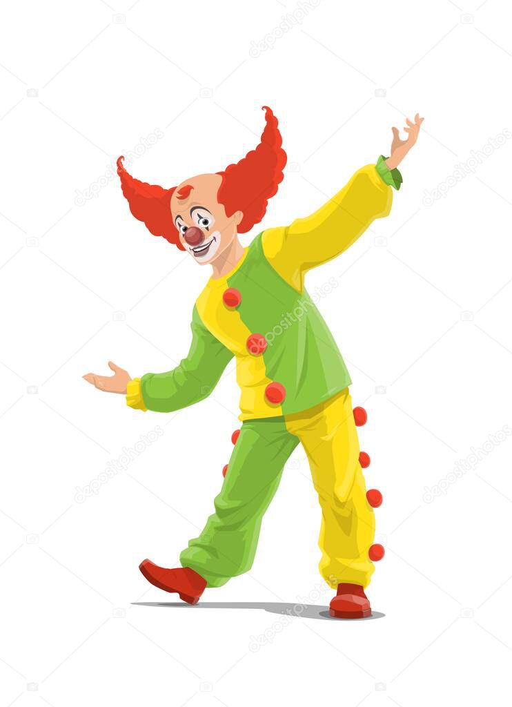 Clown, big top circus shapito clown in red wig, funfair carnival vector isolated cartoon character. Retro big top circus bald clown in green and yellow pom-poms costume, entertainment show