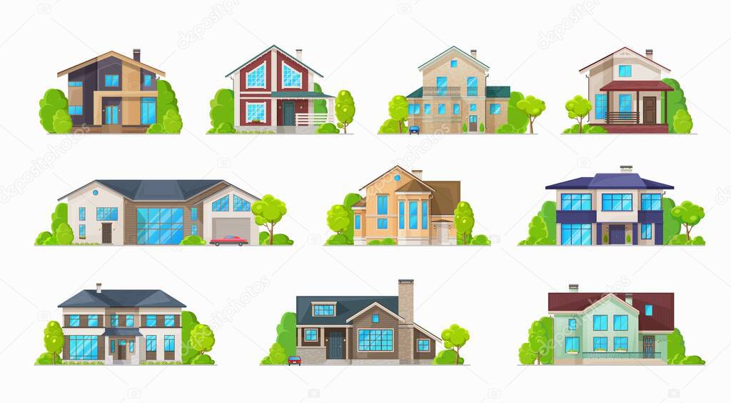 Home houses, villa bungalows and condominiums, real estate buildings vector icons. Private houses and residential architecture, mansion and family house, cottages and duplex apartments