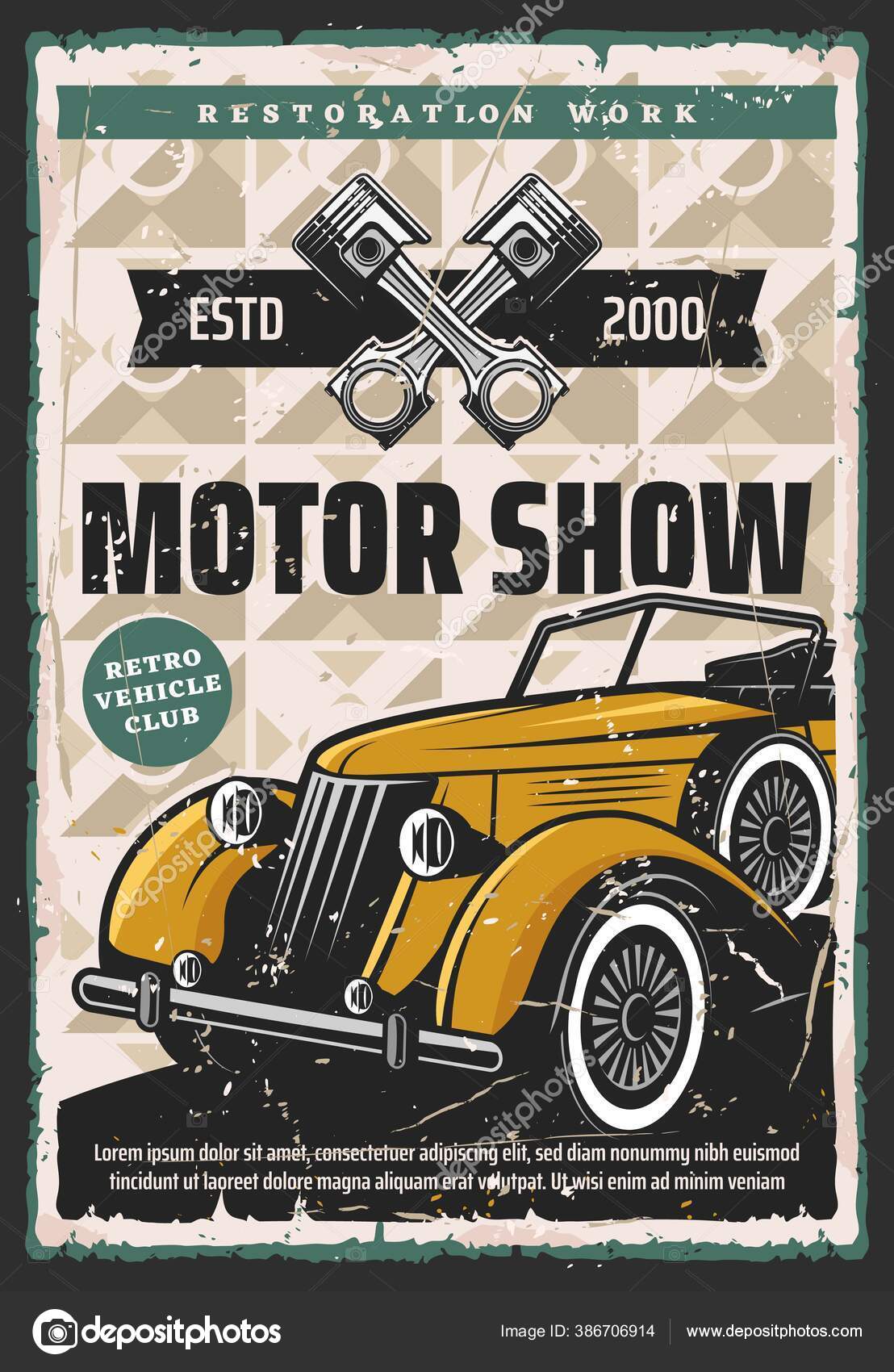 Motor Show Vector Retro Poster Coches Época Restauración Vehículos Raros  Vector de stock por ©Seamartini 386706914