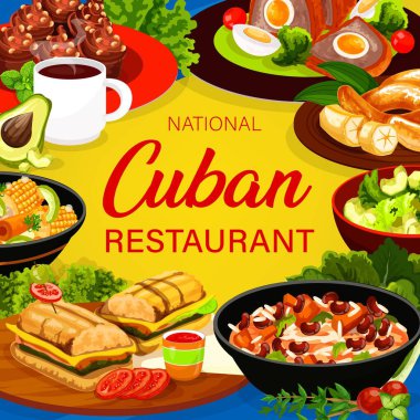 Küba mutfağı kare vektör posteri. Küba restoranının menü kapağı. Etli ve peynirli sandviç, fasulye ve ragout, kızarmış muz, kahveli kek tatlı, avokado salatası, pulpeta köftesi