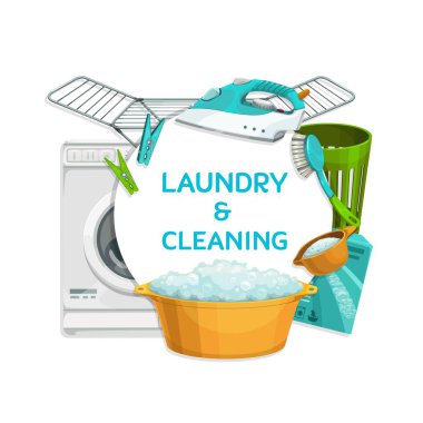 Çamaşır yıkama ve ütüleme, çamaşır ve temizlik ürünleri taşıyıcı afişi. Çamaşır makinesi, ütü, temizlik fırçası ve kuru askı, sabunlu plastik leğen, deterjan, çamaşır sepeti