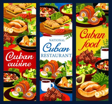 Küba mutfağı vektör pankartları. Küba lokantası posterleri. Kızarmış muz, köfte, domuz ve peynirli sandviç, avokado salatası, moros yahnisi, sebzeli güveç, kahve kekleri ve içecekler.