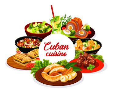 Küba mutfağı yuvarlak vektör pankartı. Et, sebze ve baharatlı otlarla Küba restoranı yemekleri. Sandviç, kızarmış muz, kek, avokado salatası, congri ve moros, köfte, mojito veya limonata.