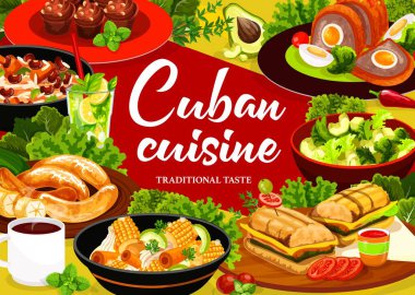 Küba mutfağı vektör posteri. Restoran menüsü. Küba sandviçi, arroz congri ragout, sebzeli jiaco yahnisi, pulpeta köftesi, kek ve kızarmış muz, kahve ve mojito, avokado salatası.
