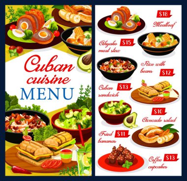 Küba mutfağı menü vektör örtüsü. Et ve sebzeli Küba yemekleri. Pulpeta köftesi, et güveci, soslu fasulye, sandviç ve tatlı, avokado salatası, kızarmış muz, mojito veya limonata.