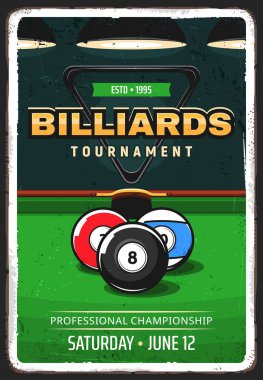 Bilardo turnuvası retro vektör posteri. İngiliz ve Amerikan bilardosu için toplar yeşil bezli masanın önünde. Bilardo şampiyonluğu, spor müsabakası ilanı ya da afiş