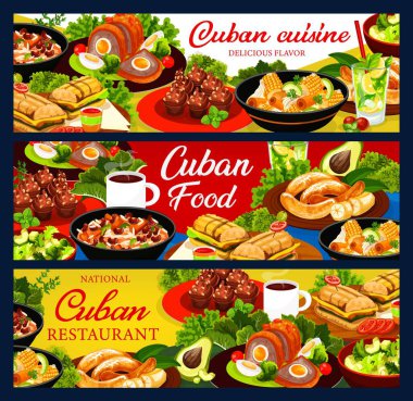 Küba mutfağı vektör pankartları. Küba lokantası posterleri. Et yemekleri, meyve ve fırın tatlıları. Ajiaco yahnisi, köfte, kahve kekleri ve avokado salatası, domuz etli sandviç, pulpeta ve moro.