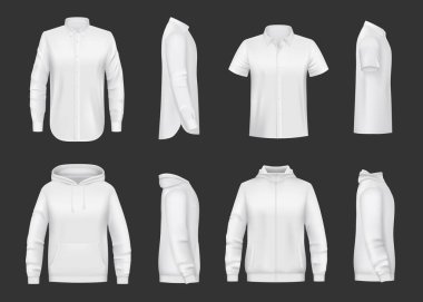 Beyaz sweatshirt, kapüşonlu ve erkek kıyafetlerinin gerçekçi vektör modeli. Kapüşonlu, uzun ve kısa kollu, fermuarlı ve cepli gömleklerin ön ve yan görüntüsü, üç boyutlu süveter şablonu, spor ceketleri