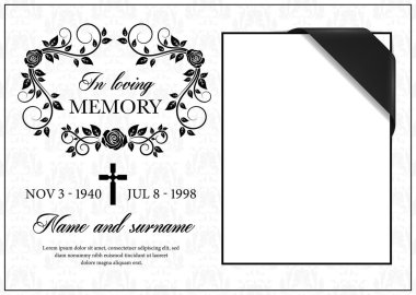 Funeral card vector template, vintage condolence flower ornament with cross, place for photo with black ribbon in corner, name, birth and death dates. Obituary memorial, gravestone funeral card clipart