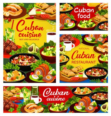 Küba mutfağı yemek vektör pankartı hazır. Küba restoranı yemekleri, kek tatlısı, içkiler. Sebzeli acılı yahni, fasulye, fasulye ve sebze, avokado salatası, kızarmış muz, köfte, mojito ve kahve.
