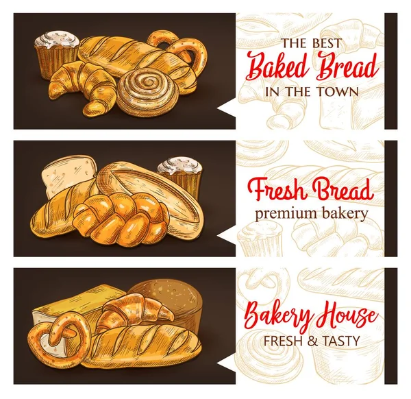 面包店和面包产品素描矢量横幅 面包店 全麦黑麦面包 甜糕点和甜点面包 薄煎饼加冰块 椒盐卷饼和羊角面包 辫子拉 小麦面包 — 图库矢量图片