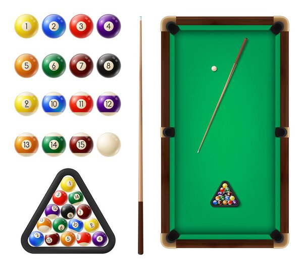 Billiard balls and table. Cue sports, snooker club equipment. Billiards cues, colored balls with digits in row and in triangular rack, covered green cloth pool table top view, 3d realistic vector