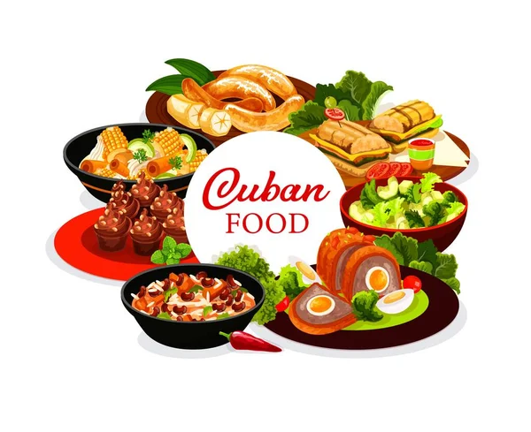Küba Mutfağı Menüsü Vektör Kapağı Sebzeli Küba Restoranı Yemekleri Kızarmış — Stok Vektör