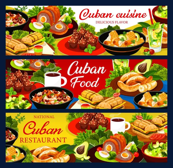 Bandeiras Vetoriais Culinária Cubana Cartazes Restaurante Comida Cubana Refeições Carne — Vetor de Stock