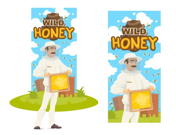 Bijenhouder Met Honingraat Bijenstal Vector Banner Honing Productie Bijenteelt Hobby — Stockvector