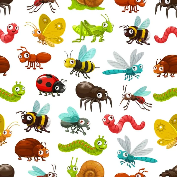 卡通昆虫和昆虫病媒无缝模式 背景是可爱的蚂蚁 蜜蜂和蝴蝶 苍蝇和蜻蜓 黄蜂和大黄蜂 — 图库矢量图片