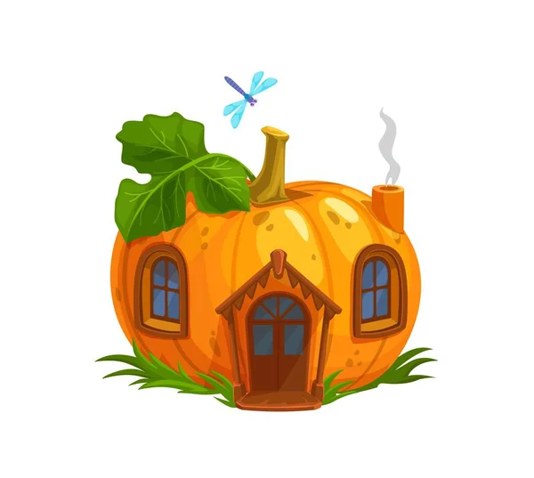 Ripe Pumpkin Gnome Elf House Isolated Cartoon Orange Pumpkin Wooden — Stock Vector