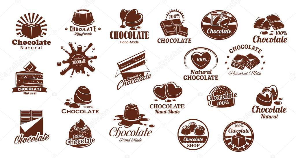 Chocolate candies and sweets vector icons set. Chocolate bar and candy symbols, cocoa cake or cheesecake. Natural, handmade sweets and desserts, pastry shop or confectionery brown icons