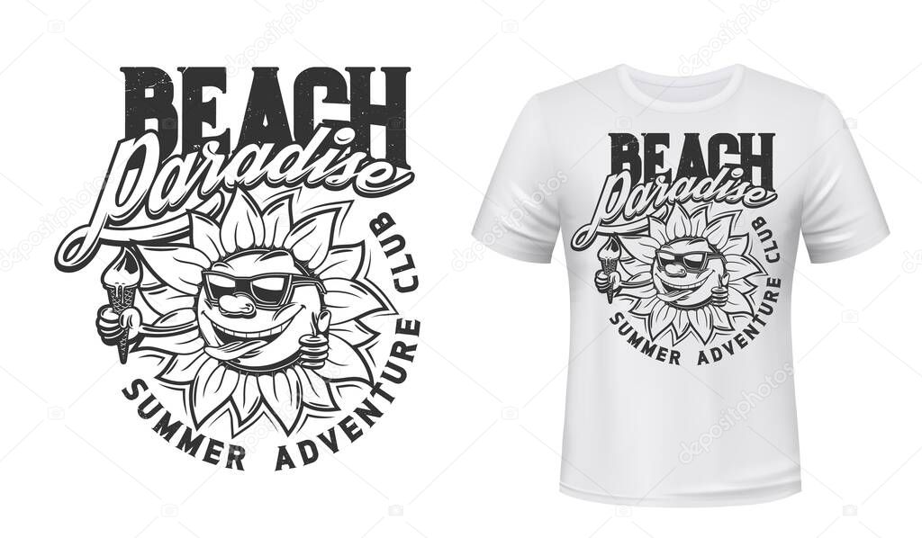 Summer funny sun with ice cream t-shirt print vector mockup. Smiling sun character in sunglasses showing thumbs up and holding ice-cream cone in hand. Beach club emblem, resort apparel print template