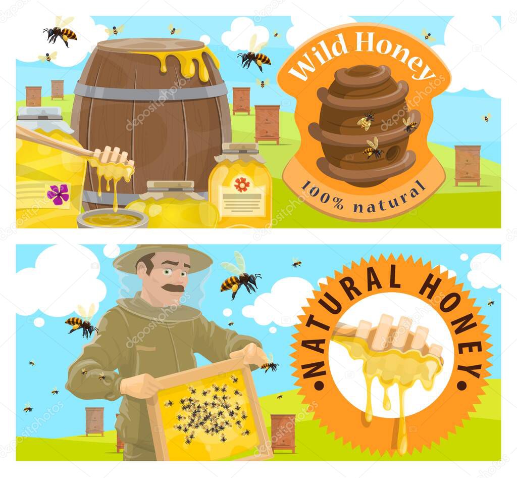 Beekeeping farmer, apiary honey vector banner. Agriculture apiculture and beekeeper hobby. Beekeeper in protective clothing holding a comb frame, wild bee nest, barrel and jar filled with tasty honey