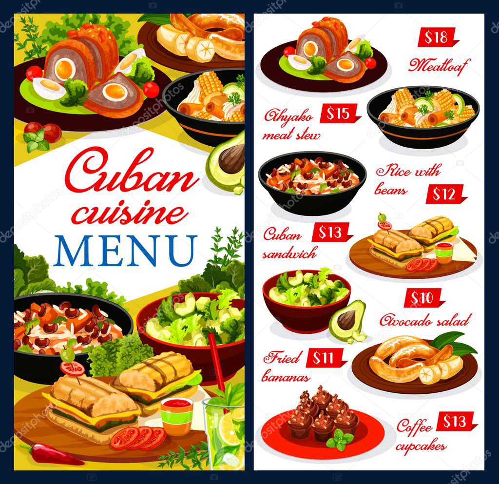 Cuban cuisine restaurant menu vector cover. Cuban dishes with meat and vegetables. Pulpeta meatloaf, meat stew, beans with rise, sandwich and desserts, avocado salad, fried bananas, mojito or lemonade