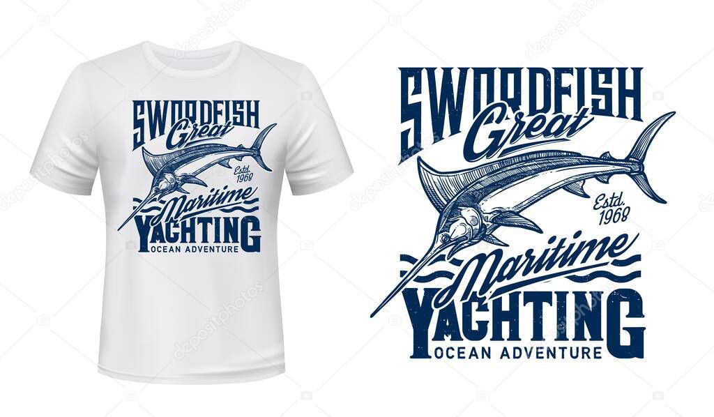 Blue marlin fish animal, vector. Fishing and yachting sport t-shirt print mockup template with engraved marlin in sea waves and typography. Ocean fishing sport hobby custom apparel design