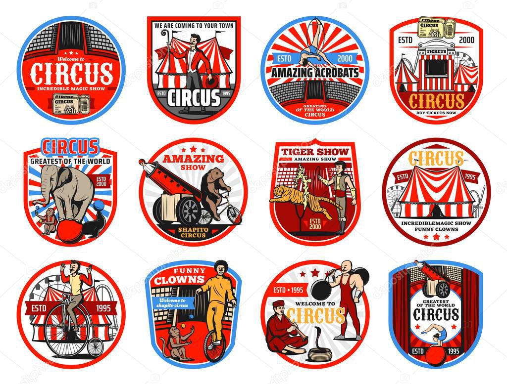 Circus shapito retro icons, vector entertainment carnival top tents, trained animals and performers. Clown, elephant and ticket box, acrobats, muscle man and monkey, bear on bicycle and circus arena