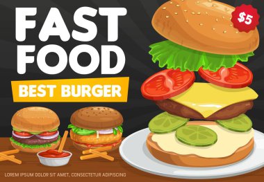 Hamburger, hamburger ve çizburger vektör tasarımı. Fast food sandviçlerinin malzemeleri. Sığır eti, peynir ve domates, hamburger ekmeği, salata, soğan ve salatalık turşusu, restoran menüsü.