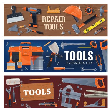 İnşaat, onarım ve DIY araçları çalışıyor. Ev yenilenmesi için vektör gücü ve el aletleri, duvar boyası için ölçüm aletleri ve ekipmanlar. İnşaat, marangozluk malzemeleri dükkanı.
