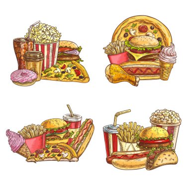Fast food skeci. Vector fast food pizza dilimi, hot dog ve Meksika tacosu, cheeseburger, patates kızartması ve dondurma. Oymalı buzlu içecek, çörek ve patlamış mısır. Fast food atıştırmalıkları ve içecekleri.