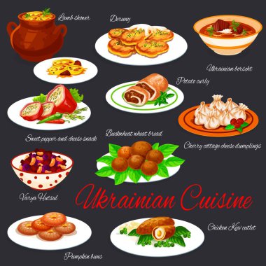 Ukrayna ulusal mutfağı restoran menü vektörü ayarlandı. Borş ve deruny, karabuğday ekmeği, sebze salatası, kabak çöreği, tavuk Kiev pirzolası, koyun güveci ve doldurulmuş biber.