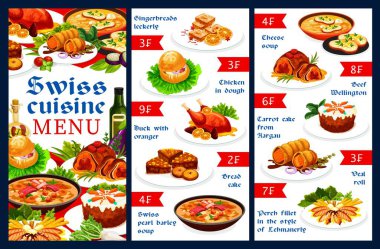 İsviçre mutfağı restoran vektör şablonu et yemekleri ve tatlı ile birlikte. Zencefilli leckerli, hamur içinde tavuk, portakallı ördek ve ekmek keki. İsviçre arpası çorba menüsü