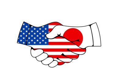 Usa ve Japonya tokalaşma, ticaret ve iş anlaşması vektör ikonu. Japon ve Amerikan bayraklarıyla el ele vermiş. İş ya da siyaset selamlaması, ortaklık ve arkadaşlık, ticaret ve işbirliği