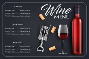Şarap menüsü vektör şablonu. Siyah arka planda şişe ve cam, mantar ve tirbuşon ve vida. Kırmızı, gül ve beyaz üzüm alkolü. Şarap, restoran veya bar menüsü Şarap menüsü listesi