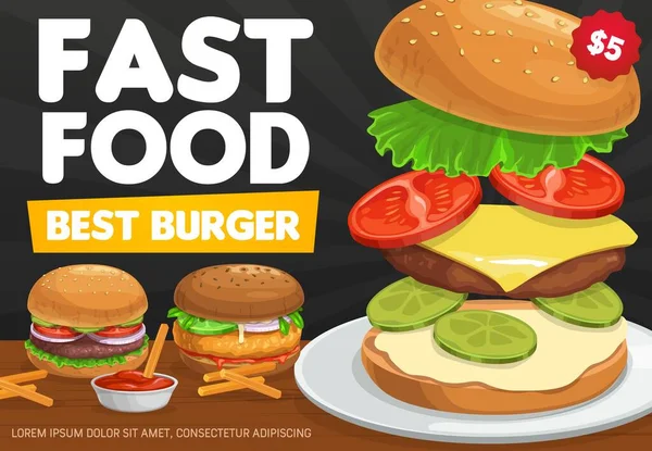 Burgers Hamburger Cheeseburger Vector Ontwerp Van Fast Food Sandwiches Met — Stockvector