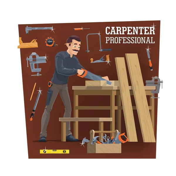 Carpentry Workshop Worker Tools Vector Carpenter Cutting Wood Plank Handsaw — Stock Vector