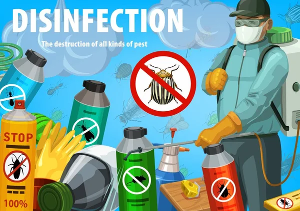 Cartel Del Vector Desinfección Obrero Control Insectos Rociando Insecticida Con — Vector de stock