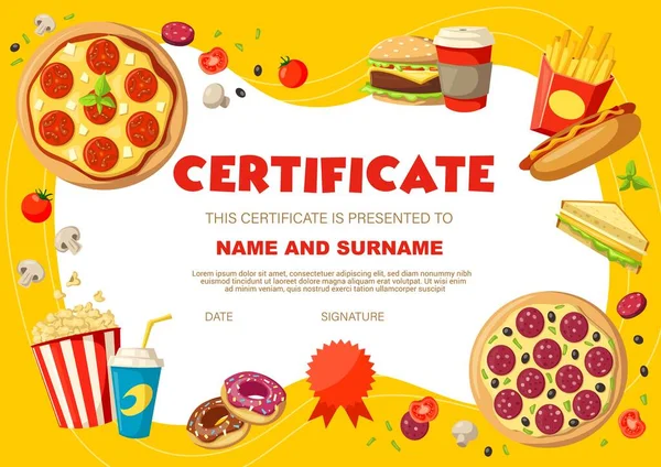 儿童文凭与零食和饮料 证书向量模板与比萨 苏打水和热狗 甜甜圈 三明治和黄色背景的爆米花与地方的名称和关系 儿童文凭 — 图库矢量图片