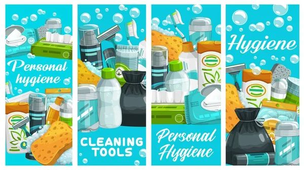 Personal Hygiene Products Cleaning Tools Wipes Napkins Shampoo Shaving Foam — Stock Vector