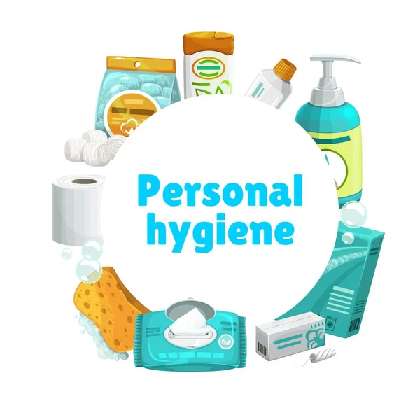 Igiene Cura Personale Banner Rotondo Vettoriale Shampoo Dentifricio Sapone Liquido — Vettoriale Stock
