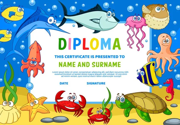 Dyplom Dzieci Podwodnymi Zwierzętami Świadectwo Edukacji Przedszkolnej Cute Rozgwiazdy Kreskówki — Wektor stockowy