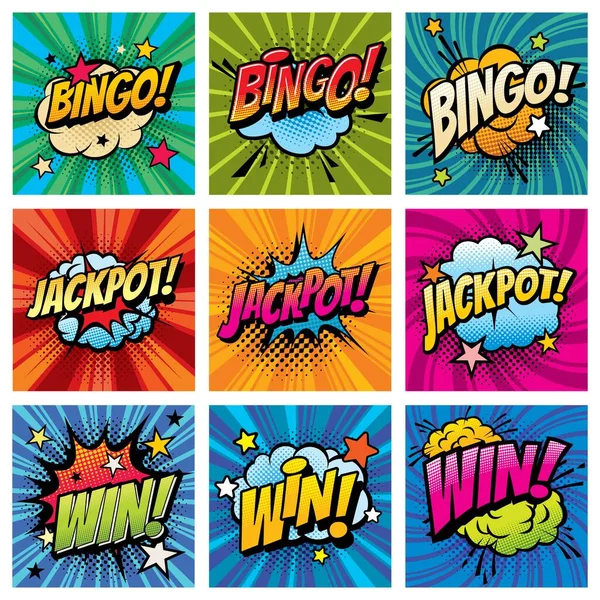 Bingo Vincere Set Vettoriale Bolle Comiche Felice Whoop Dopo Jackpot — Vettoriale Stock