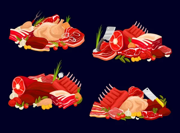 肉类类型的病媒小牛肉和牛肉 鸡肉和羊肉 肉铺用生肉配料 牛肉牛排 猪肉火腿和家禽 新鲜蔬菜 香草和香料 农产品 — 图库矢量图片