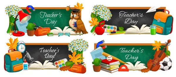 Öğretmenler Günü Eğitim Malzemeleri Okul Kitaplarıyla Birlikte Taşıyıcı Karatahta Pankartları — Stok Vektör