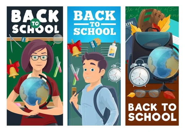 学校教育ベクトルバナー 漫画教師の女性は 弟子と黒板 ロッカーや学生用品を保持する 講師と10代の学生のためのスクールバッグや教育アクセサリー — ストックベクタ
