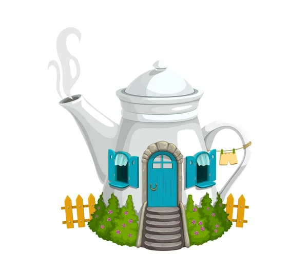 卡通陶瓷 白色水壶或茶壶 有木门 窗户和蒸汽管 幻想建筑与绿色灌木丛 栅栏和亚麻布绳 童话中的侏儒或精灵可爱的房子 — 图库矢量图片