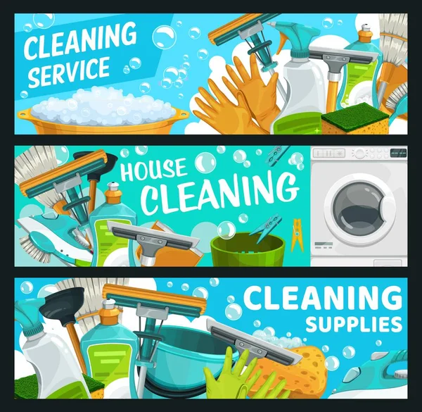 Schoonmaakservice Wasserij Hygiëne Vector Banners Rubberen Handschoenen Ruitenwisser Dweil Bezem — Stockvector