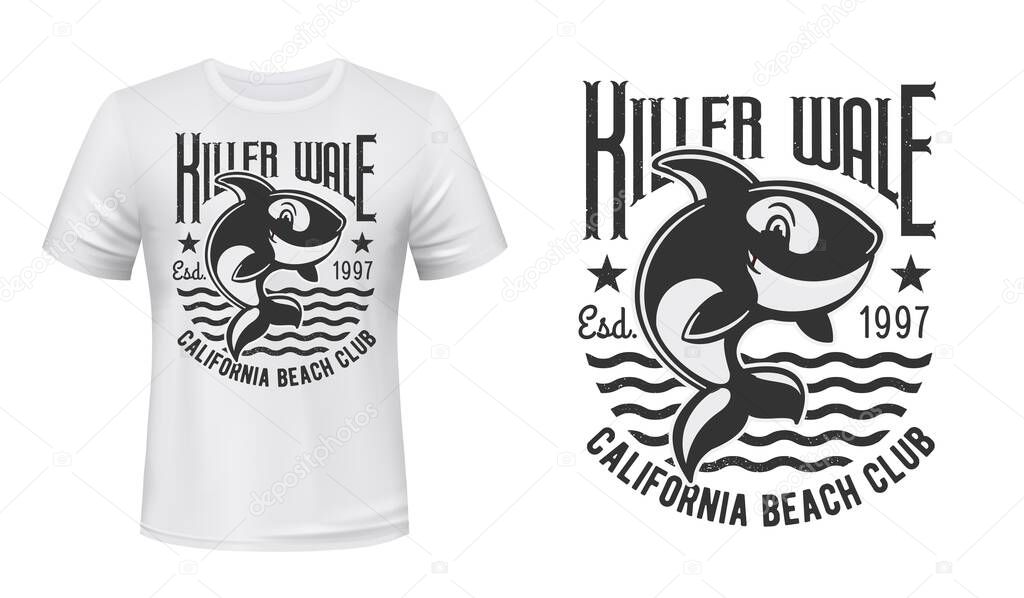 Killer whale t-shirt print vector mockup. Cute orca character jumping out of water, killer whale funny happy smiling mascot and typography. Beach club emblem, apparel custom design print